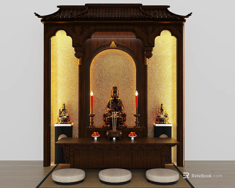 Traditional Wooden Buddhist Shrine Cabinet With Buddha Statue Candles Incense Burner And Meditation Cushions 3d model 