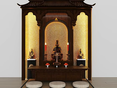 Traditional Wooden Buddhist Shrine Cabinet With Buddha Statue Candles Incense Burner And Meditation Cushions 3d model