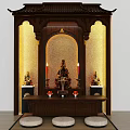 Traditional Wooden Buddhist Shrine Cabinet With Buddha Statue Candles Incense Burner And Meditation Cushions