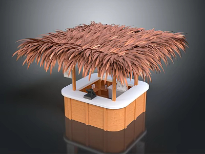 Outdoor Stylish Bar Counter With Thatched Roof Wooden Structure And White Top 3d model