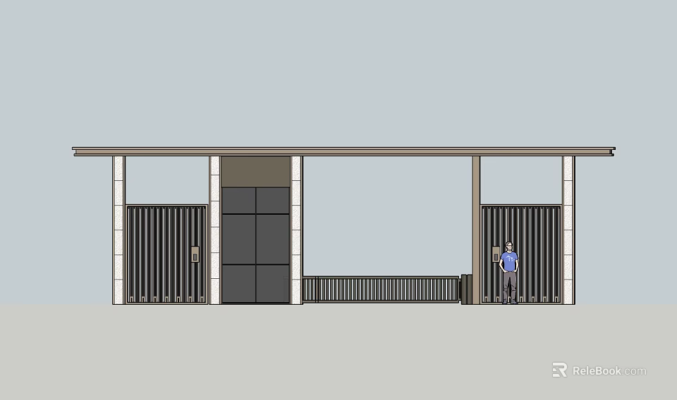 Modern Main Entrance Gate With Central Door And Side Metal Grille Gates 3d model 