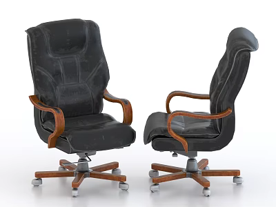 Two Black Leather Office Chairs With Wooden Armrests Five Star Base And Wheels 3d model