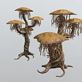 Unique Mushroom Like Plants With Multiple Umbrella Shaped Caps Twisted Trunks And Hanging Tendrils