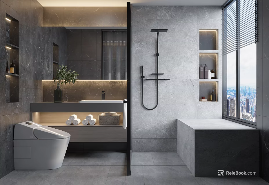 Modern Bathroom Interior Design With Gray Tiles Shower Bathtub Vanity And City View Window 3d model 