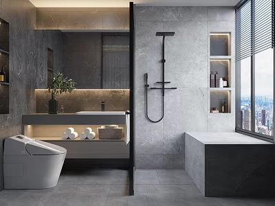 Modern Bathroom Interior Design With Gray Tiles Shower Bathtub Vanity And City View Window 3d model