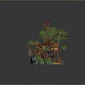 Whimsical Wooden Treehouse Structure With Red Roofs Green Foliage And Elevated Platforms 3d model