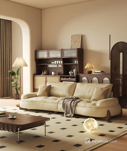 Mid Century Cream Leather Sofa And Wooden Coffee Table Combo For Warm Comfortable Living Room 3d model 
