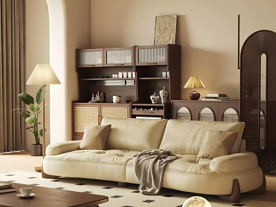Mid Century Cream Leather Sofa And Wooden Coffee Table Combo For Warm Comfortable Living Room 3d model