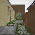 Traditional Garden Landscape With Yellow Brown Walls Stone Steps Paved Path Green Plants Flower Beds