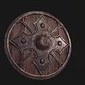 Ornate Medieval Wooden Shield With Round Shape And Metal Decorative Patterns
