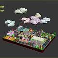 Colorful Miniature Town Community Scene With Road Buildings Trees Parking Lot And Clouds