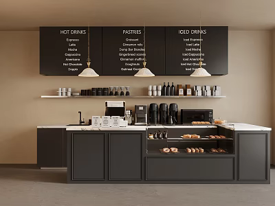 Modern Bar Counter With Black Menu Boards Coffee Machines Pastry Display And Pendant Lights 3d model