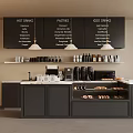 Modern Bar Counter With Black Menu Boards Coffee Machines Pastry Display And Pendant Lights