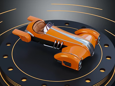 Orange Vintage Racing Car Displayed On Black Circular Platform With Orange Lines 3d model