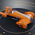 Orange Vintage Racing Car Displayed On Black Circular Platform With Orange Lines