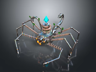 Mechanical Spider With Metal Legs Blue Gem Top Orange Eyes And Steampunk Design 3d model