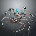 Mechanical Spider With Metal Legs Blue Gem Top Orange Eyes And Steampunk Design