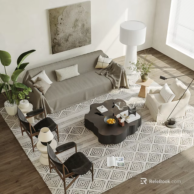 Modern Gray Sofa and Coffee Table Set with Armchair Area Rug Floor Lamp and Plants 3d model 