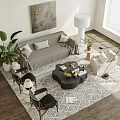 Modern Gray Sofa and Coffee Table Set with Armchair Area Rug Floor Lamp and Plants