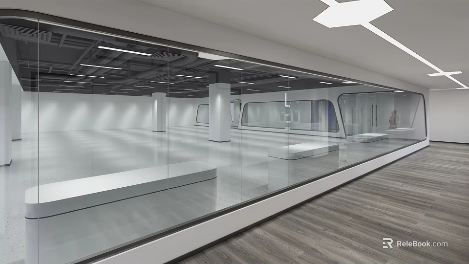 Modern Office Corridor Interior With Glass Partitions Bright Lighting And Wooden Flooring 3d model 