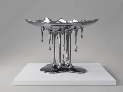Silver Sculpture With Dripping Effect Bowl Shaped Top On White Plinth 3d model