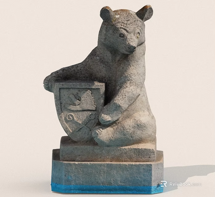 Stone Bear Statue in Sitting Posture Holding Shield with Heraldic Design on Square Base 3d model