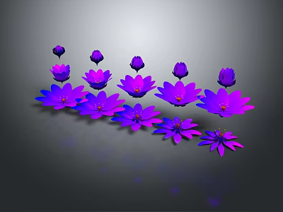 Cartoon Scene of Vibrant Purple Flowers Arranged in a Row on Gray Background 3d model