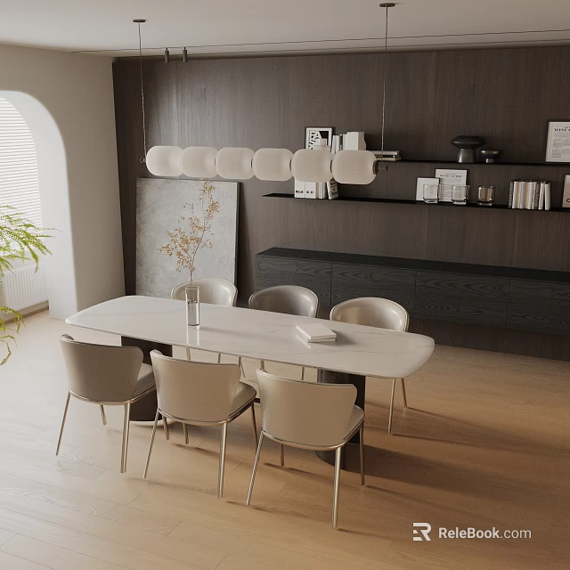 Modern White Rectangular Dining Table Set With Light Gray Chairs Pendant Light And Wooden Shelf 3d model