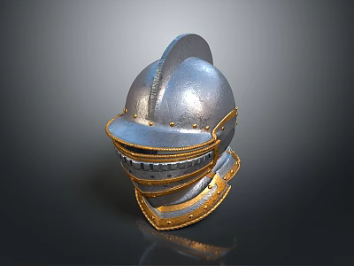 Medieval Knight Armor Helmet With Silver Metallic Finish Golden Accents Face Mask And Neck Guard 3d model