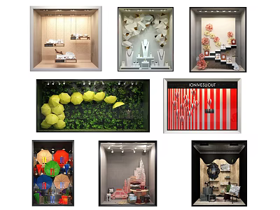 Creative Window Displays Featuring Diverse Elements Including Flowers Tennis Umbrellas And Artistic Decor 3d model
