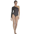 Woman in One Shoulder Bodysuit Standing Barefoot Against Gray Background