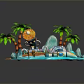 Tropical Island Scene With Palm Trees Beach Wooden Bridge Rocks And Water