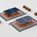 Two Ping Pong Tables As Sports Equipment With Surrounding Brown Blocks