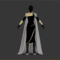 3D Character Model With Black Body Gold Accents White Cloak And Black Dress