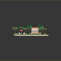 Cartoon Beach Scene With Palm Trees Wooden Platform Kiosk White Lounge Chairs And Blue Water