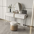 Modern Elegant White Dressing Table with Round Mirror Stool Cosmetics and Black Handbag 3d model