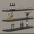 Wall Mounted Black Shelves With Red Wine Bottles Wine Glasses And Deer Decor