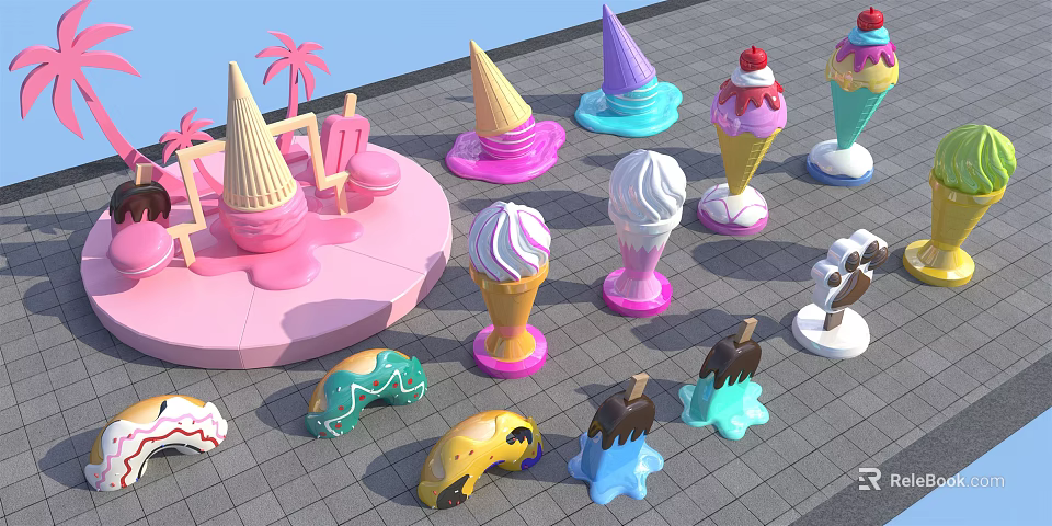 Colorful Ice Cream Cones And Popsicles With Decorative Shapes And Designs 3d model 