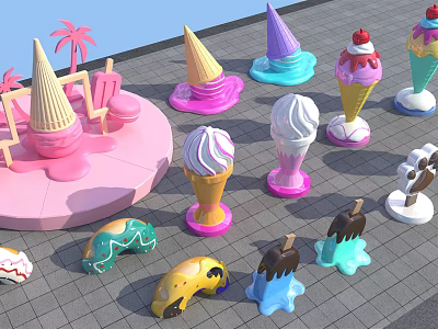 Colorful Ice Cream Cones And Popsicles With Decorative Shapes And Designs 3d model