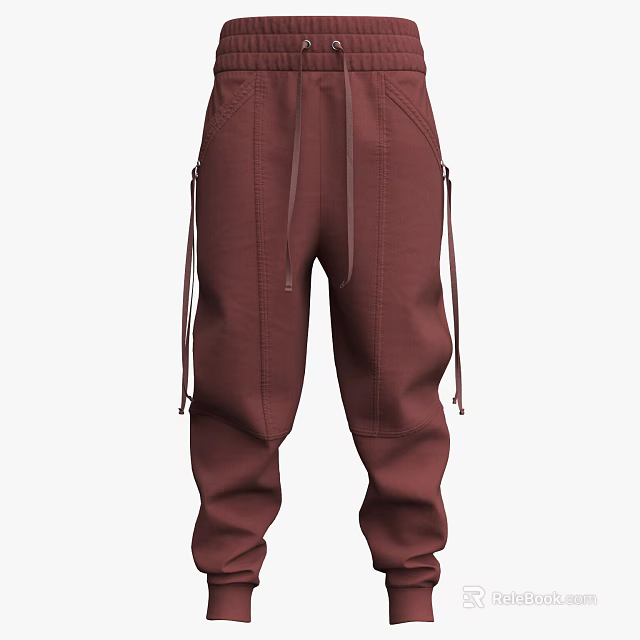Burgundy Casual Pants With Drawstring Waist And Side Straps Relaxed Fit 3d model 