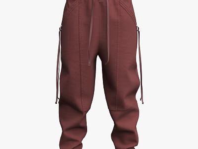 Burgundy Casual Pants With Drawstring Waist And Side Straps Relaxed Fit 3d model