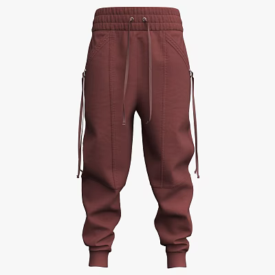 Burgundy Casual Pants With Drawstring Waist And Side Straps Relaxed Fit 3d model
