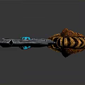 Mythical Battle Axe With Ornate Design Blue Glowing Gem Golden Accents And Brown Wooden Handle