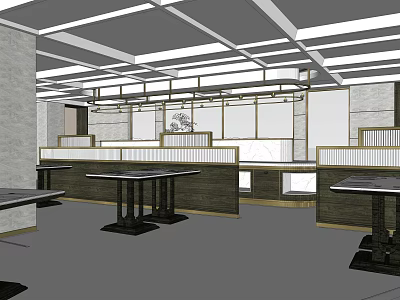 Modern Restaurant Interior Design With Strip Lighting Counter Tables And Grille Partitions 3d model