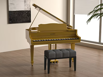 Golden Grand Piano Gray Upholstered Stool And Wall Painting In Interior With Window 3d model