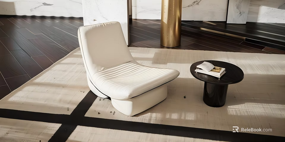 Elegant White Modern Leisure Chair on Light Carpet with Black Side Table and Books 3d model 