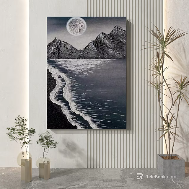 Moonlit Mountain And Sea Waves Painting On White Wall With Indoor Plants 3d model 