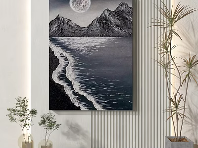 Moonlit Mountain And Sea Waves Painting On White Wall With Indoor Plants 3d model