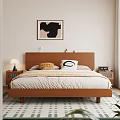 Natural Walnut Solid Wood Double Bed With Cozy Bedding For Warm Minimalist Bedroom Interior Design