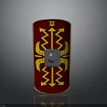 Ancient Roman Shield Weapon With Red Surface And Yellow Decorative Patterns And Silver Central Boss